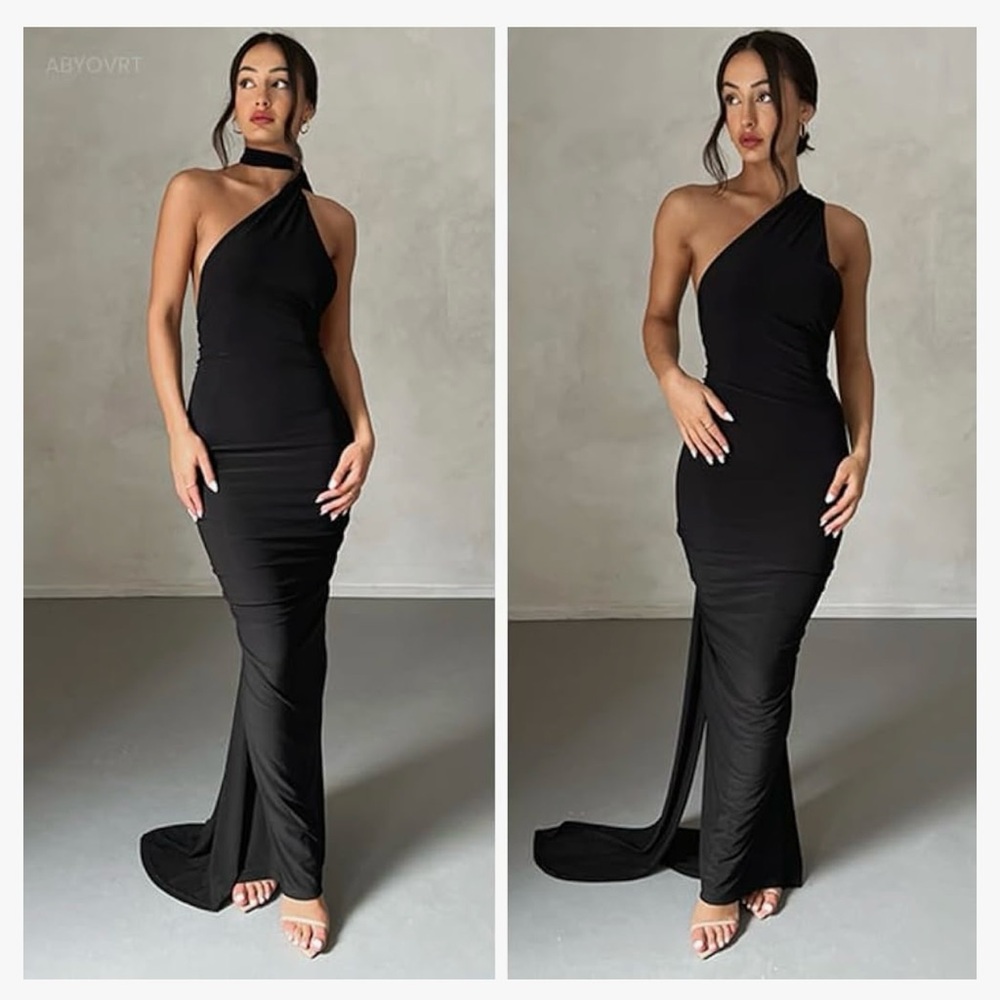 Black Ruched Asymmetrical Cocktail Dress